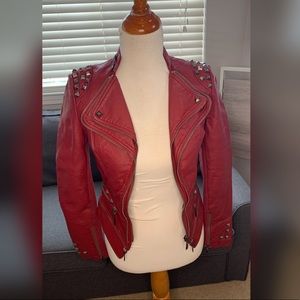 ☁️Faux Red Leather motto jacket with studs